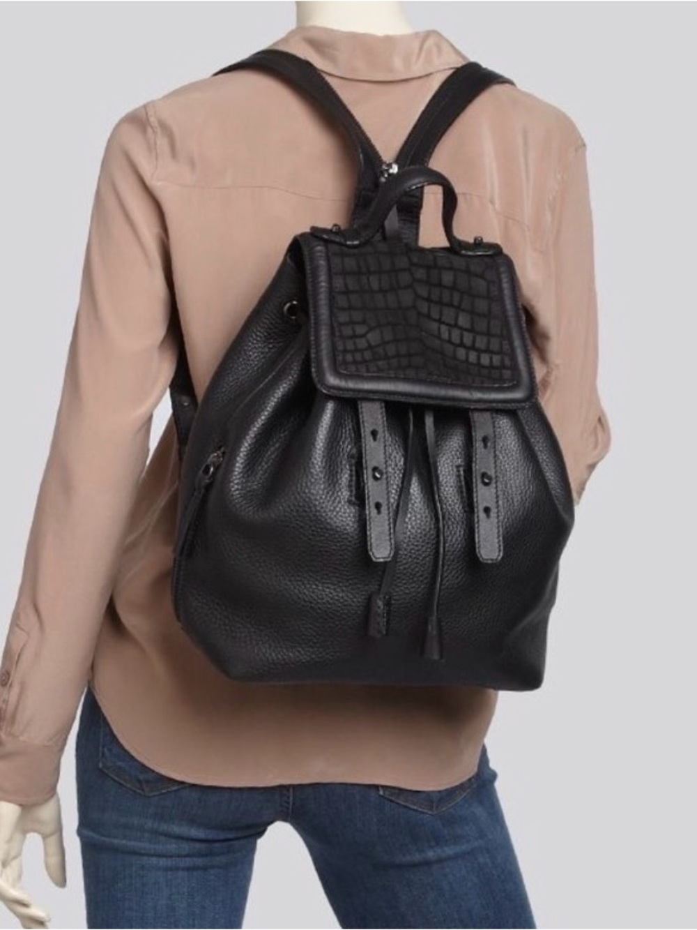 LIKE NEW Mackage Black Leather Drawstring Backpack with Textured Flap